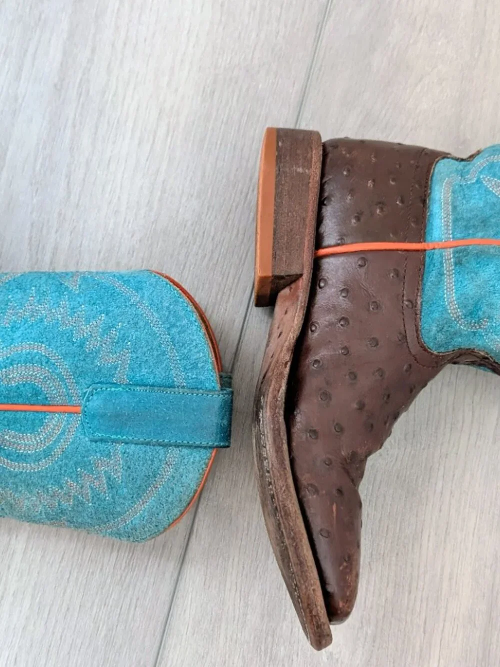 ANDERSON BEAN Kids Chocolate Ostrich Cowboy Boots Turquoise Shaft Size 1 AKB7083